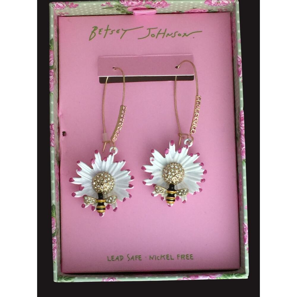 Betsey Johnson Flower Bee Drop Earrings Crystal Accents Gold Tone NWT